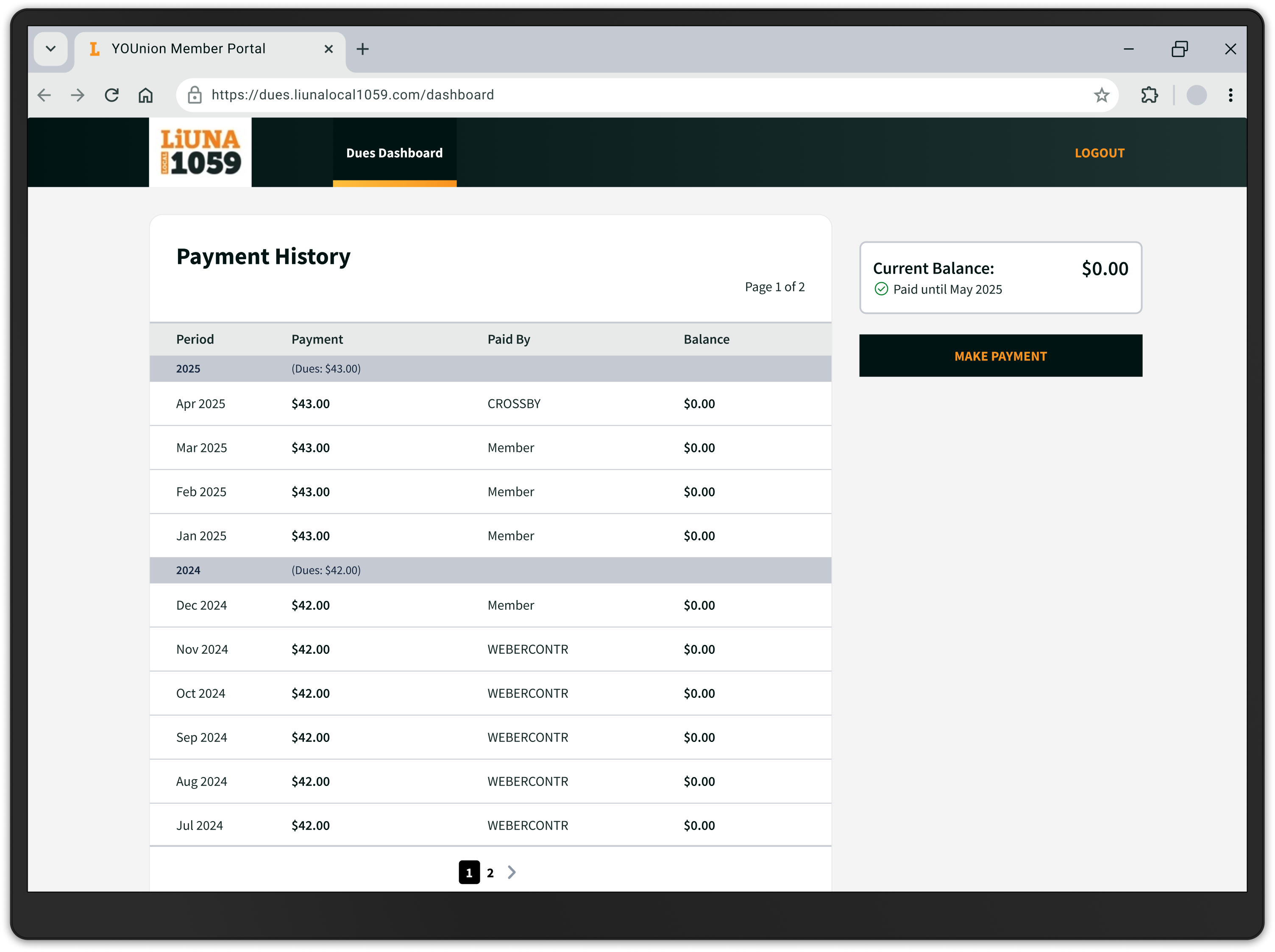 A laptop screen showing the redesigned dues dashboard.